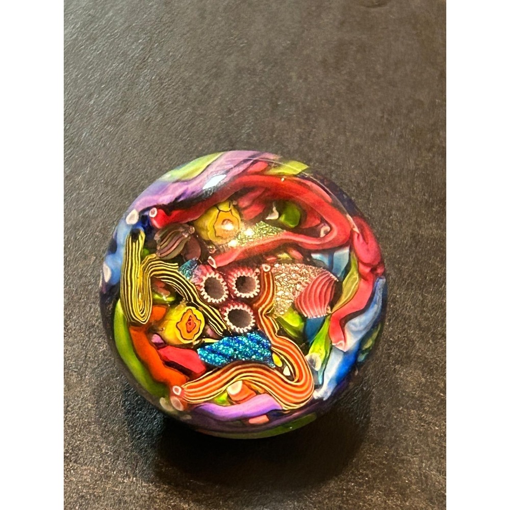 Signed Doug Sweet Millefiori Studio Dichroic Art Glass Marble Paperweight 1.5"
